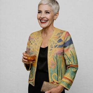 Mary McFadden Couture jacket women's 6 pastel pale 100%silk handpainted quilted